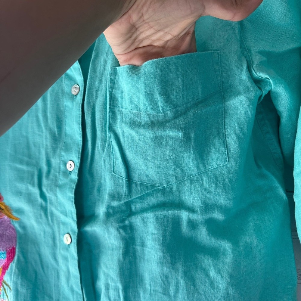 David N 100% Linen Seafoam Green Embroidered Colorful Peacock Blouse L - Picture 5 of 12
